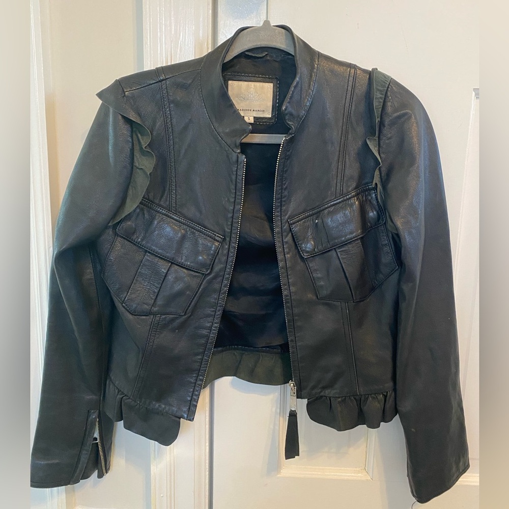 Madison Marcus black leather jacket with ruffles. Size small.